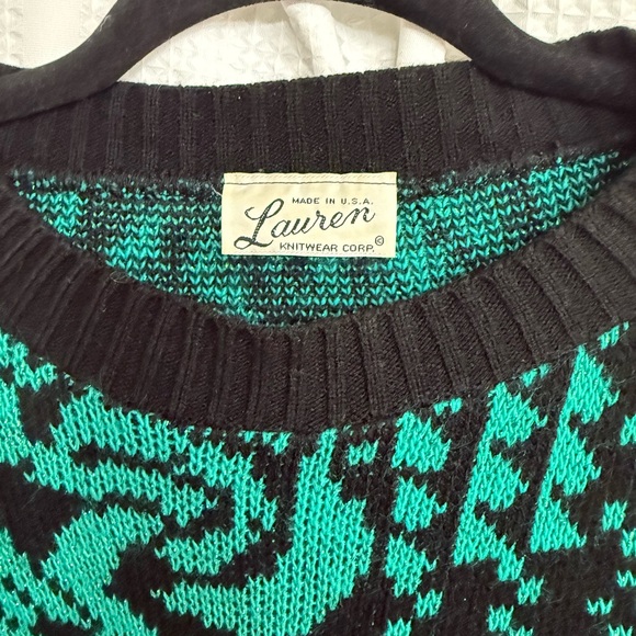 1980s Lauren Knitwear Corp Women's Black and Teal Crew Neck Sweater - Picture 3 of 6